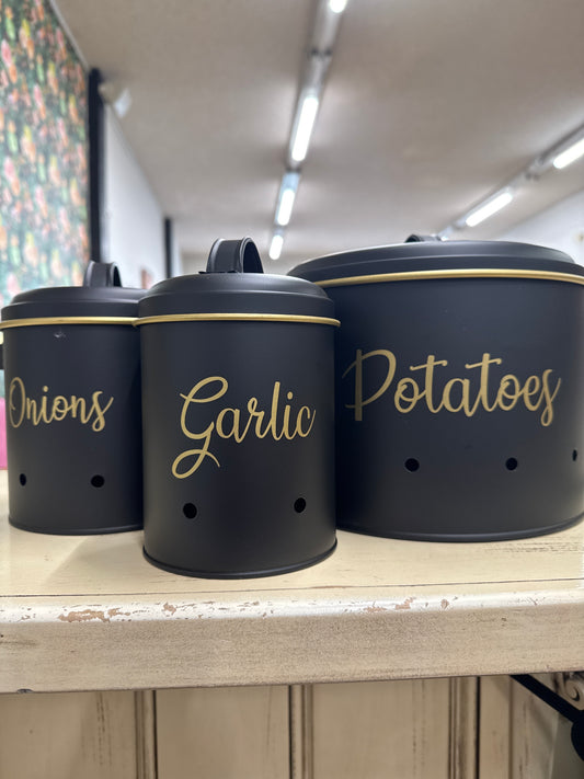 SET OF 3 METAL CANISTERS-POTATOES/GARLIC/ONIONS