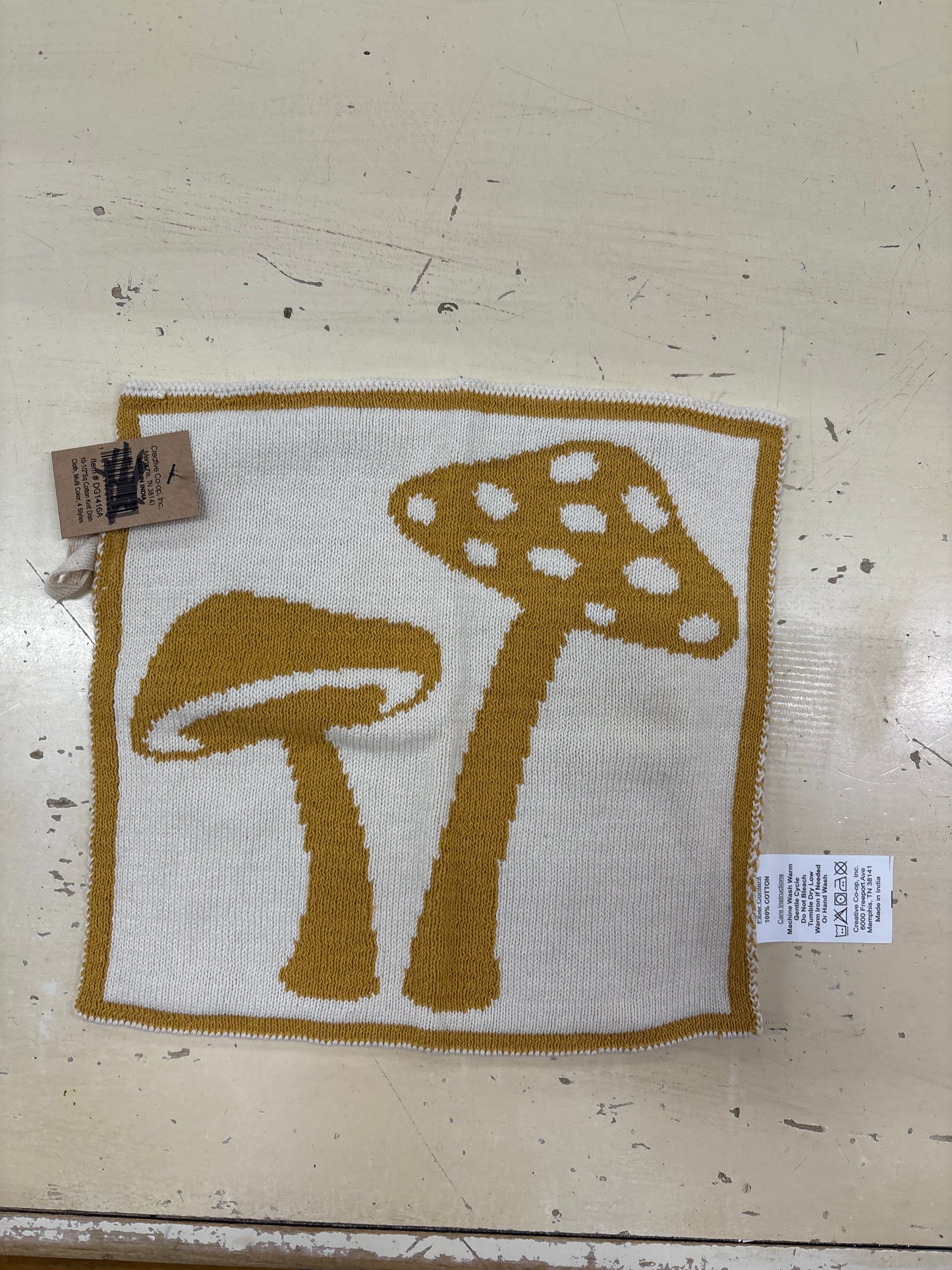 COTTON KNIT DISH CLOTH W/MUSHROOM-MUSTARD