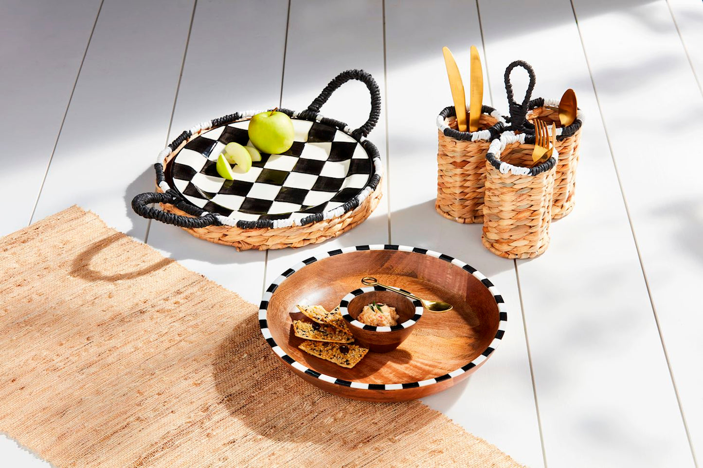 MUD PIE ROUND CHECKERED WOOD CHIP DIP BOWL