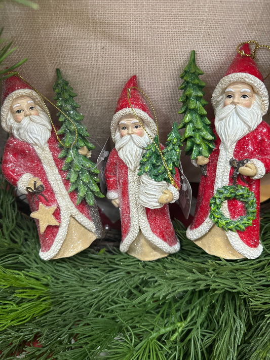 5.75" RED GLITTER SANTA W/TREE ORNAMENT