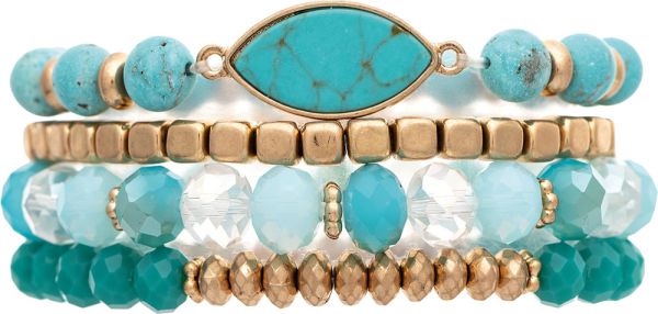 RAIN-BLUE TQ STONE GLASS BEAD BRACELET SET