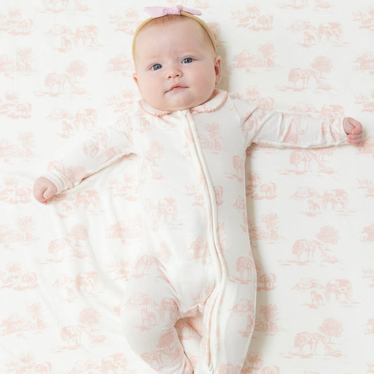 ANGEL DEAR PINK TOILE PETER PAN COLLAR FOOTIE-6-9