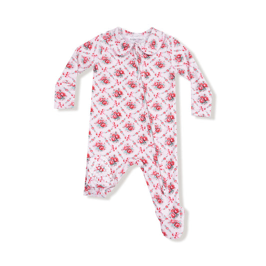 ANGEL DEAR ZIP FOOTIE-PETER PAN COLLAR-ROSE BOW LATTICE