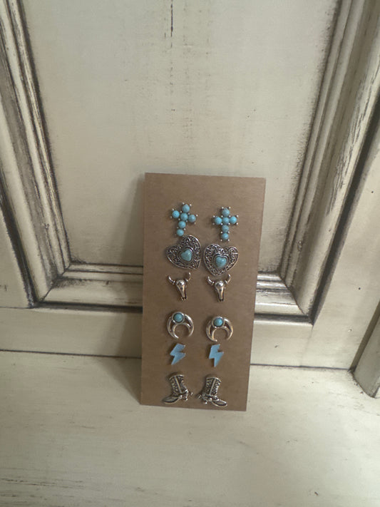 TIIPI-SET OF 6 STUD TURQ/SILVER EARRINGS-CROSS