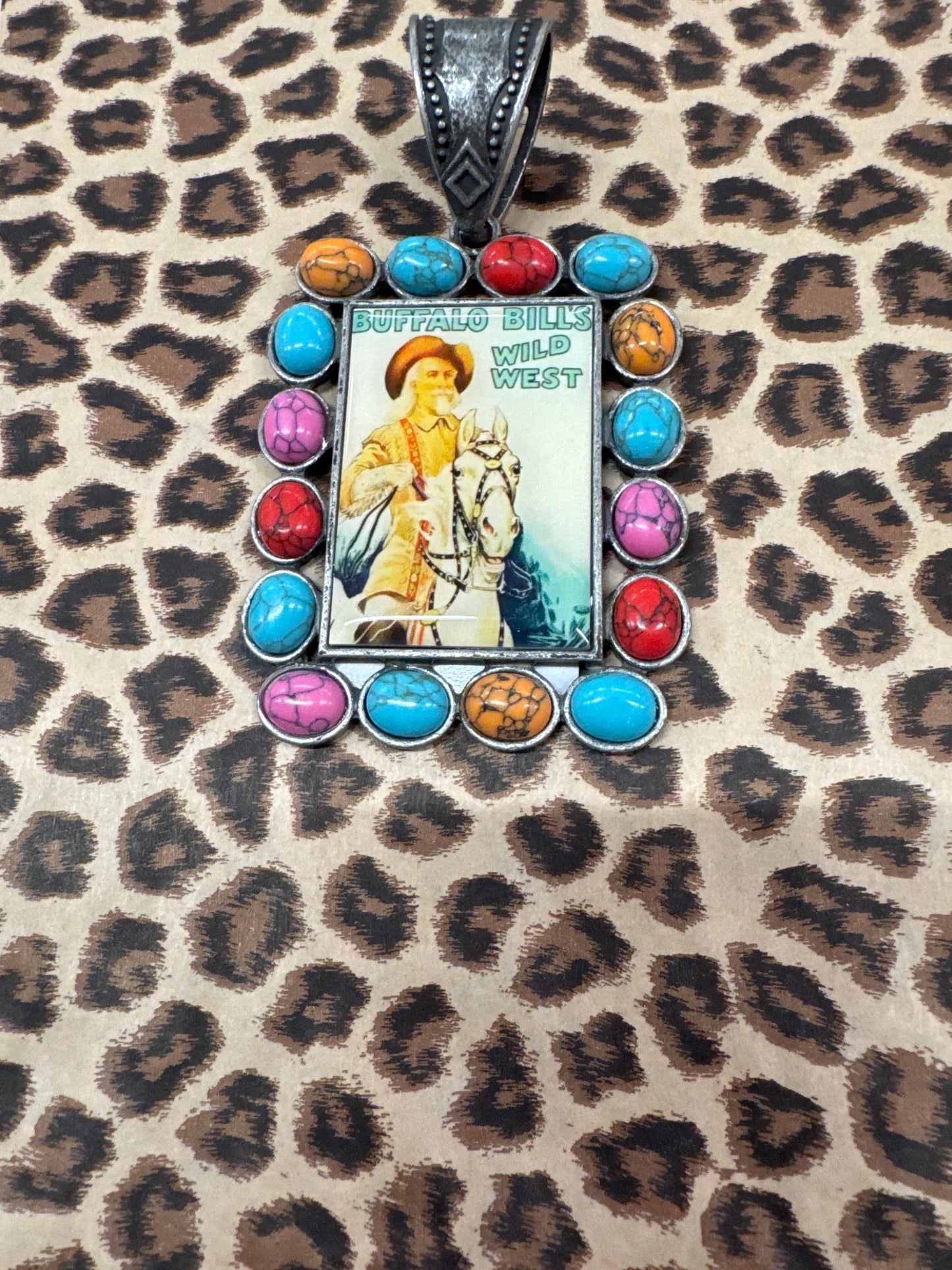 SILVER NECKLACE CHARM W/MULTI STONE-BUFFALO BILL