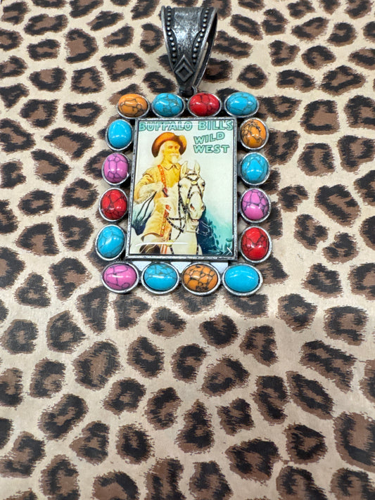 SILVER NECKLACE CHARM W/MULTI STONE-BUFFALO BILL