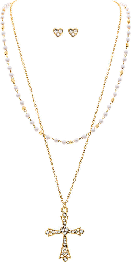 RAIN GOLD FAUX PEARL ROSARY CROSS LAYER NKS