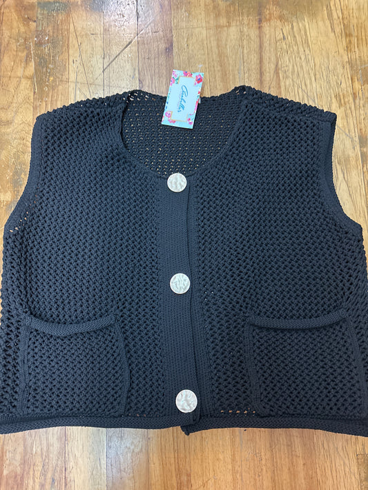 Textured Knit Side Pockets Buttoned Sweater Vest-Black