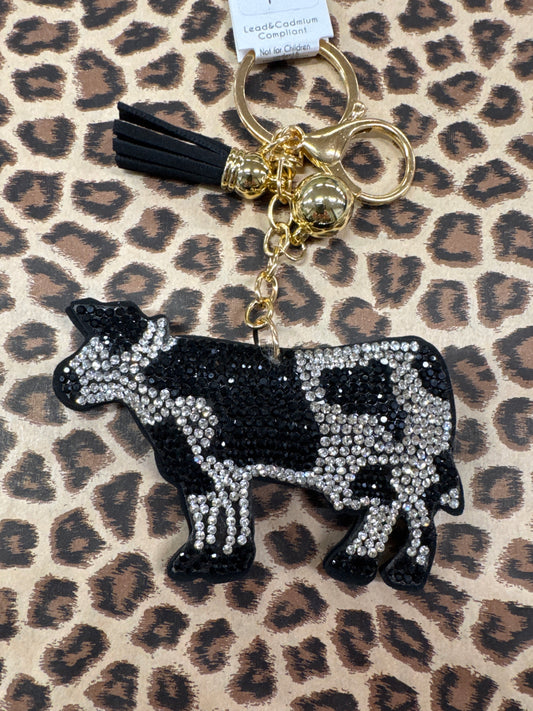 PUFF GLITTER KEY CHAIN-BLK/WHITE COW