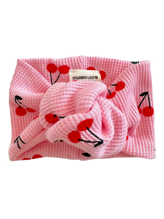 SPEARMINT- ORGANIC WAFFLE TURBAN BOW-PINK CHERRIES
