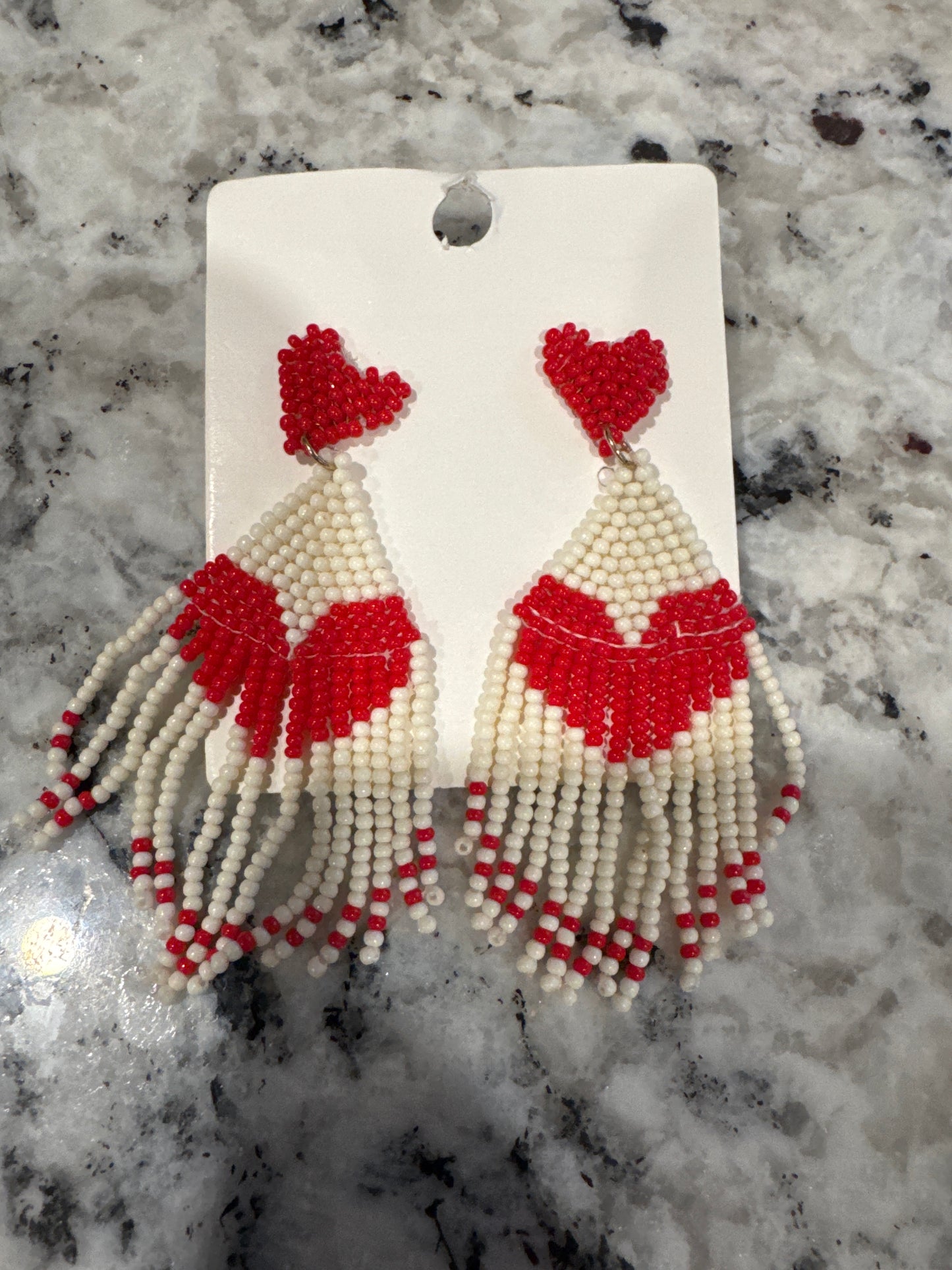 BEADED FRINGE CREAM/RED EARRING