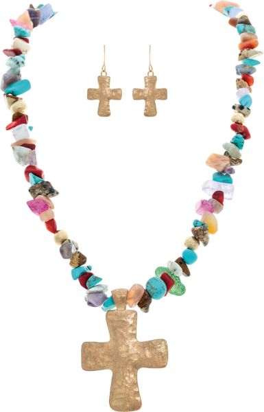 RAIN MULTI GEMSTONE GOLD CROSS NECKLACE SET