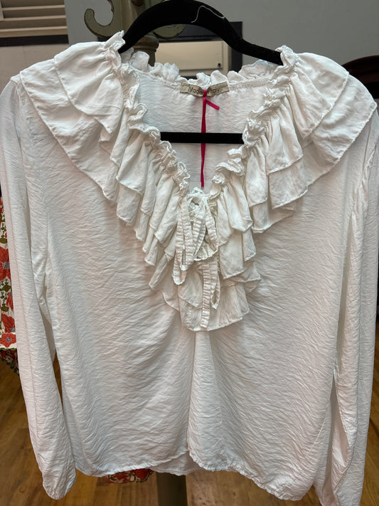 YOLLY RUFFLE FRONT SHIRT- WHITE OS