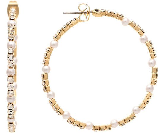 RAIN CRYSTAL & FAUX PEARL POST HOOP-GOLD