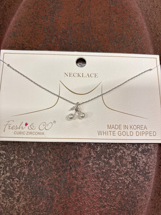 DAINTY SILVER  NECKLACE W/PEARL CHERRIES