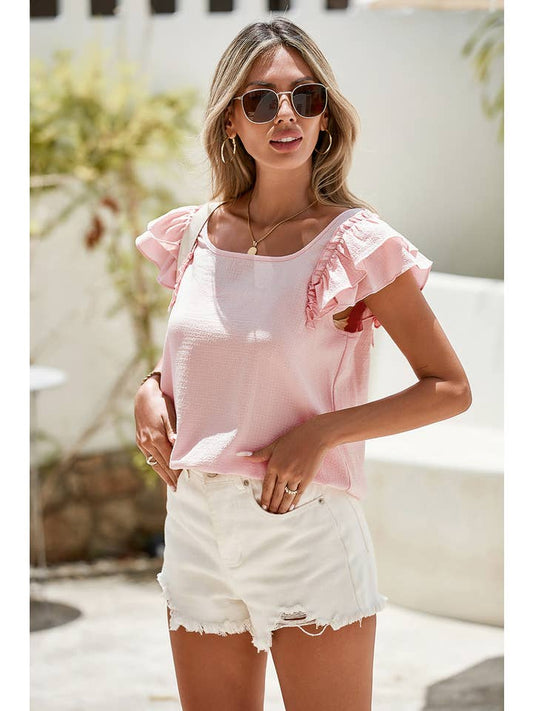 1ST WOMAN- TEXTURE BUTTERFLY SLEEVE BOW BACK/PINK-