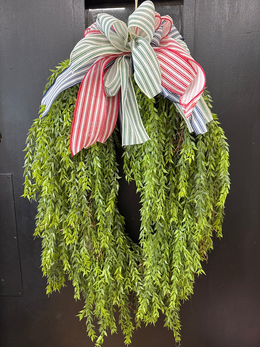 OVAL DOOR WREATH W/ STRIPED RIBBONS