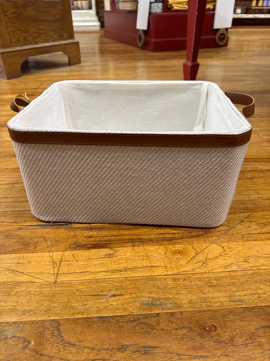 CREAM COLORED BASKET W/ LEATHER HANDLES-MEDIUM