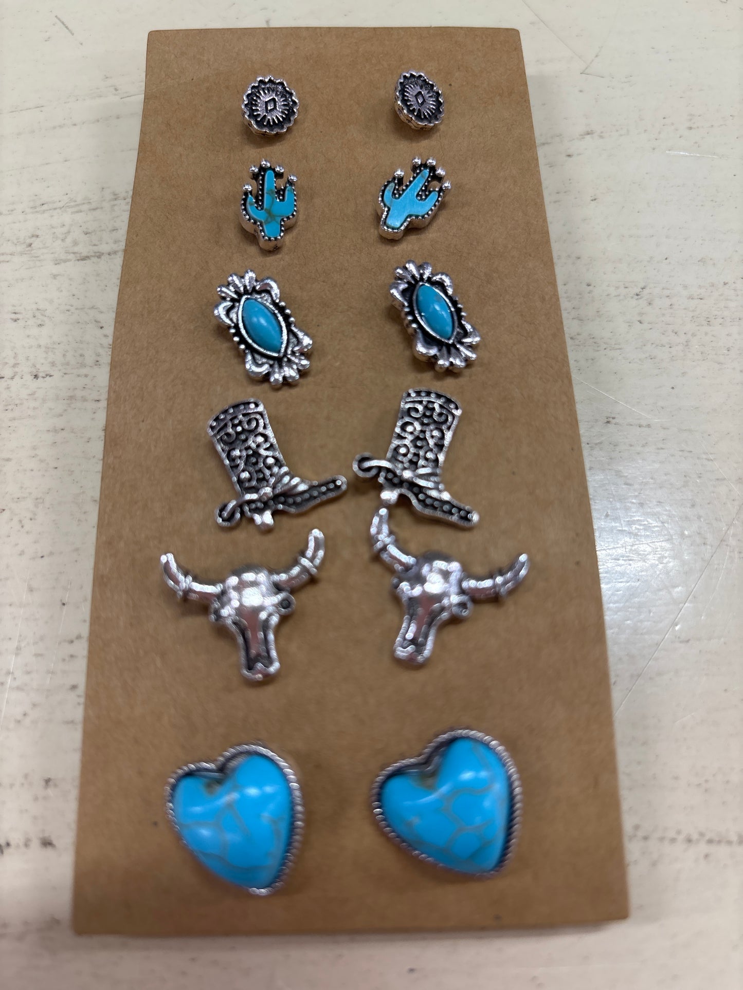 TIPI SET OF 6 TURQ EARRINGS-BOOTS/HEARTS