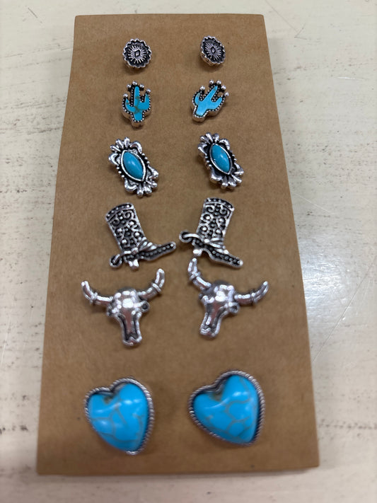 TIPI SET OF 6 TURQ EARRINGS-BOOTS/HEARTS