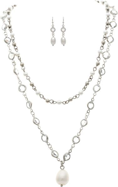 RAIN MIX FW/FAUX PEARL CRYSTAL NECKLACE-SILVER