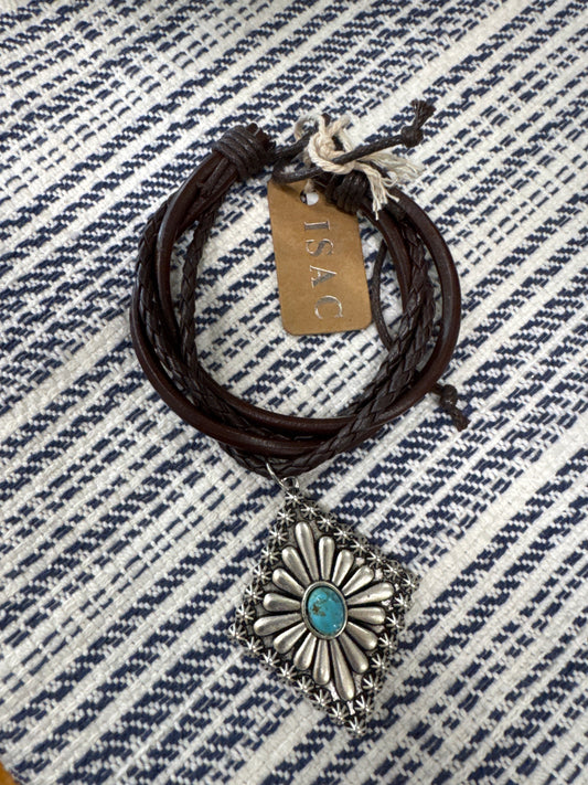 ISAC-LEATHER TURQ W/CONCHO BRACELET