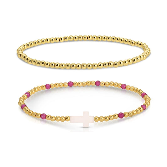 SPLENDID IRIS-SET OF 2-3MM BEADED W/SHELL CROSS & DK PINK STONE