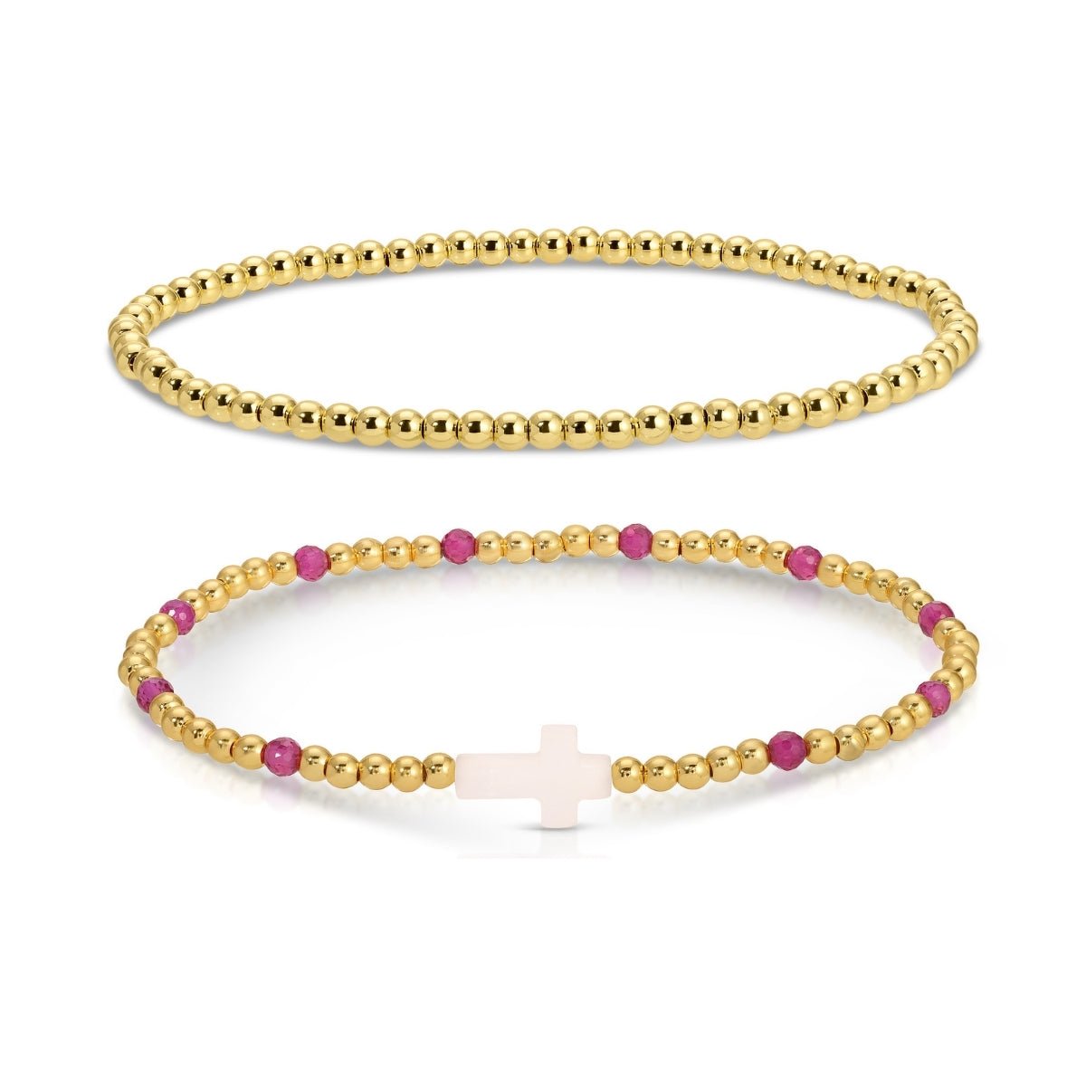 SPLENDID IRIS-SET OF 2-3MM BEADED W/SHELL CROSS & DK PINK STONE