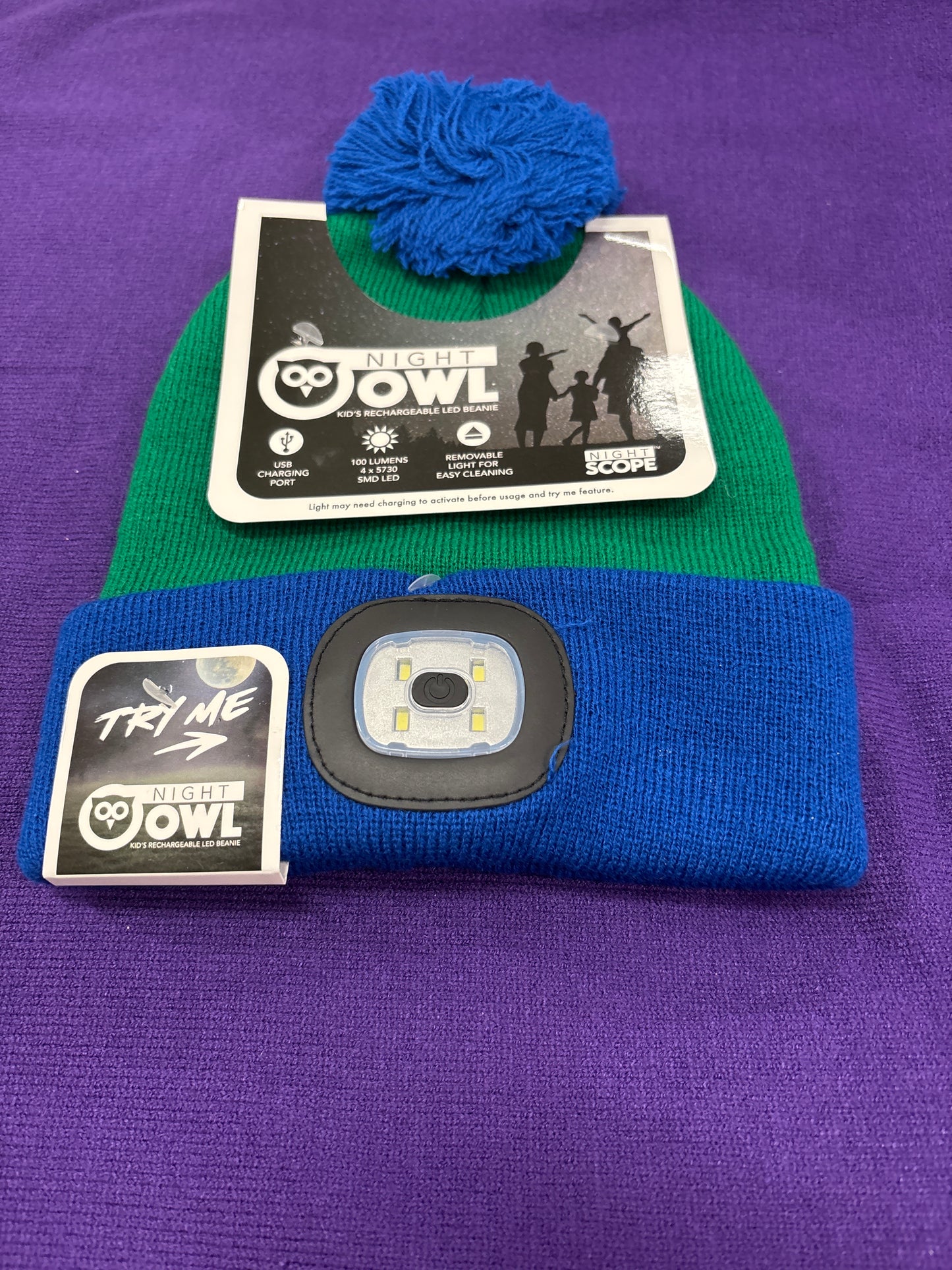 KIDS RECHARGABLE LED BEANIE-BLUE/GREEN