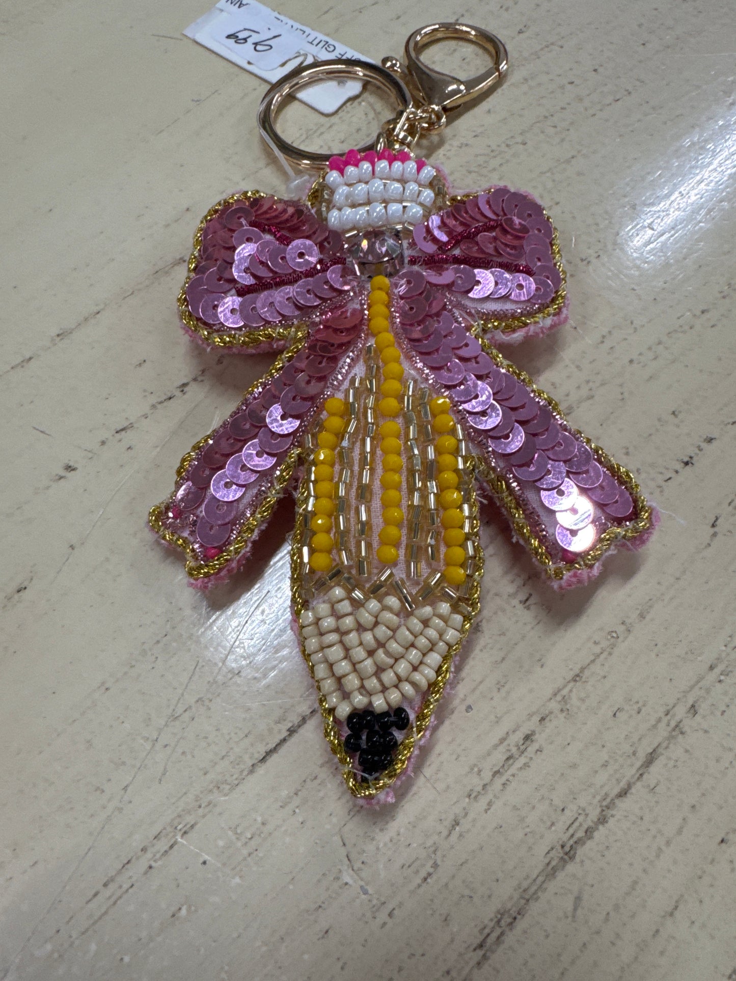 PUFF GLITTER KEY CHAIN-PINK BOW & PENCIL