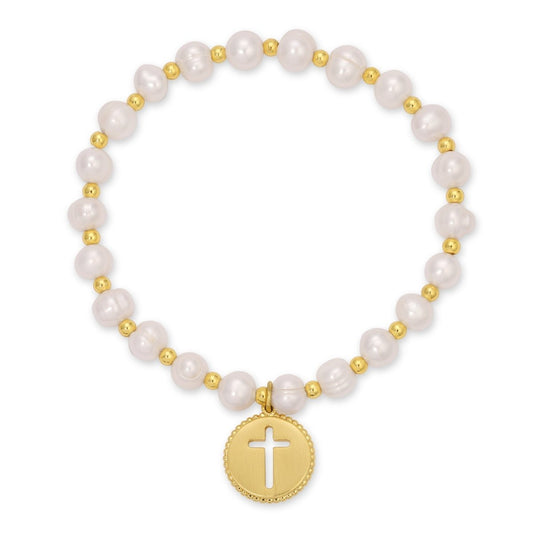 SPLENDID IRIS-7MM PEARL W/3MM BEAD W/CZ CROSS BRACELET