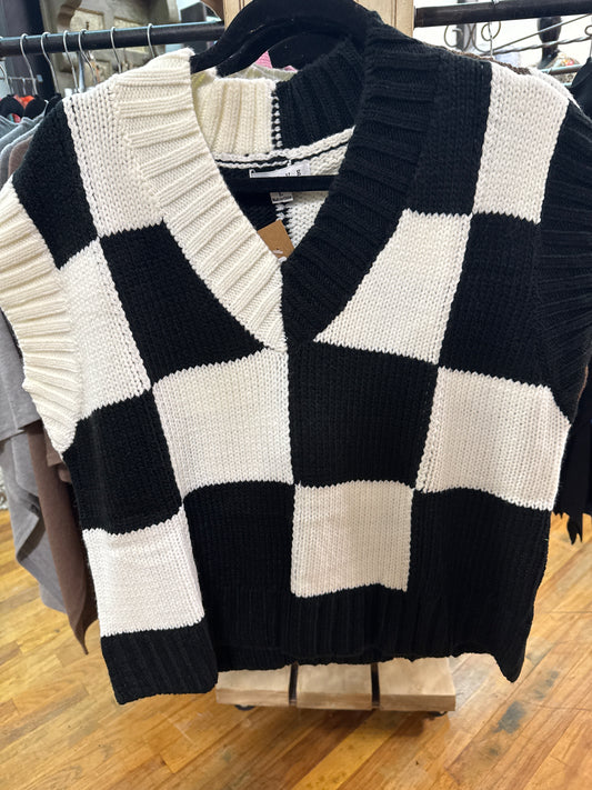 V NECK  SLEEVE LESS SWEATER-BLK/WHITE