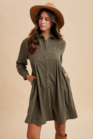 ANNIEWEAR PINTUCK CORDUROY DRESS-OLIVE