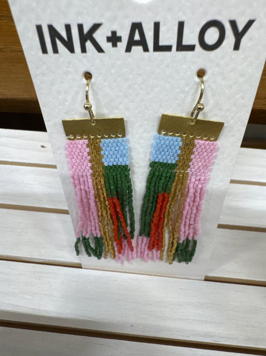 INK & ALLOY-MCKENZIE BRASS BAR EARRINGS-PINK/OLIVE