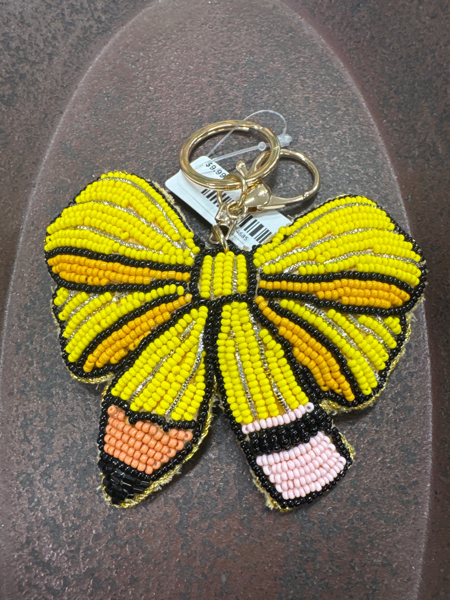 PUFF GLITTER KEY CHAIN-YELLOW BOW W/PENCIL