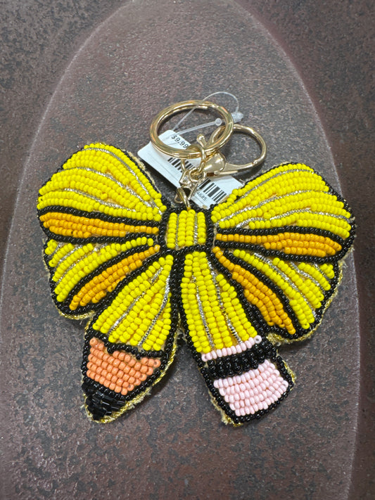 PUFF GLITTER KEY CHAIN-YELLOW BOW W/PENCIL