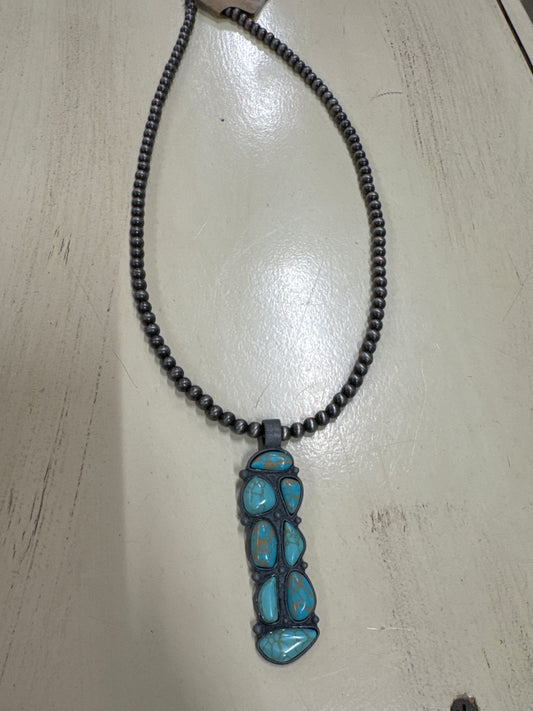 SILVER BEADED NECKLACE W/TURQ CHARM