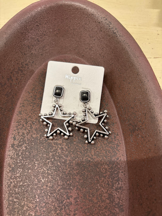 SILVER STAR EARRINGS W/BLK STONE