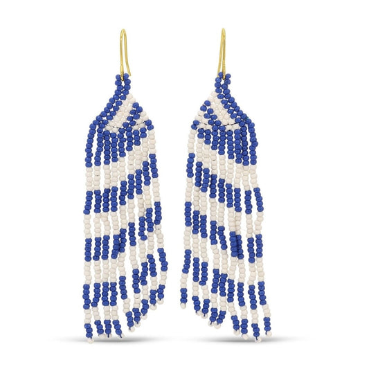 SPLENDID IRIS- LONG BEADED EARRINGS NAVY/WHITE