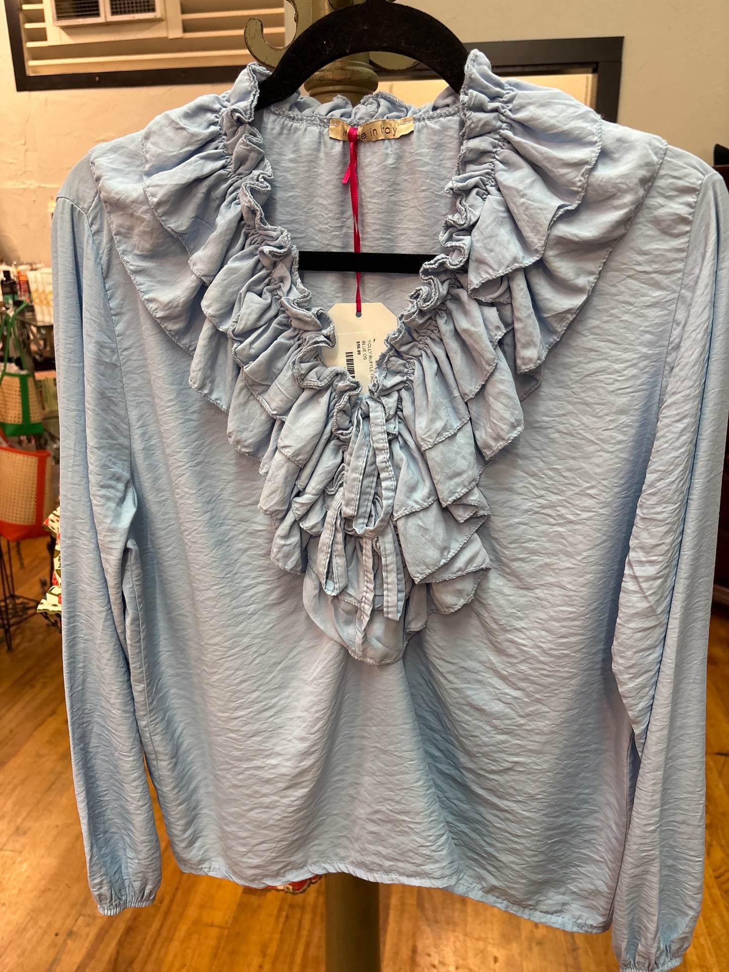 YOLLY RUFFLE FRONT SHIRT- BLUE OS