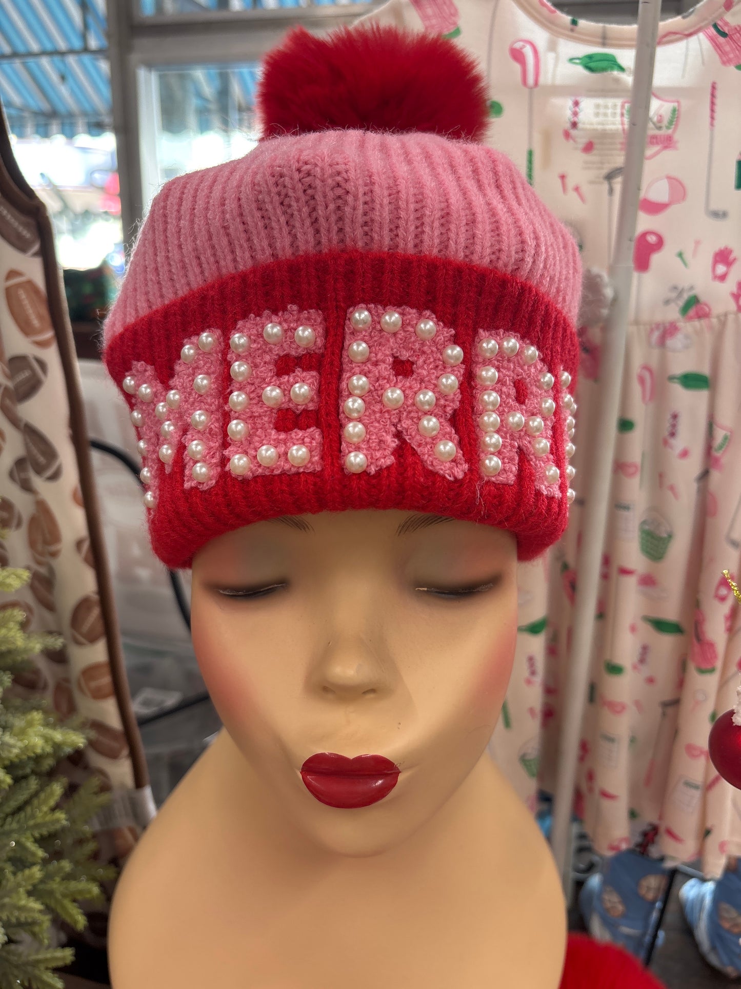 SHIRALEAH PINK MERRY BEANIE WITH PEARLS