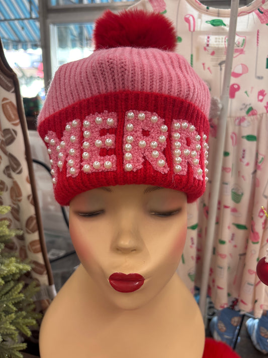 PINK MERRY BEANIE WITH PEARLS