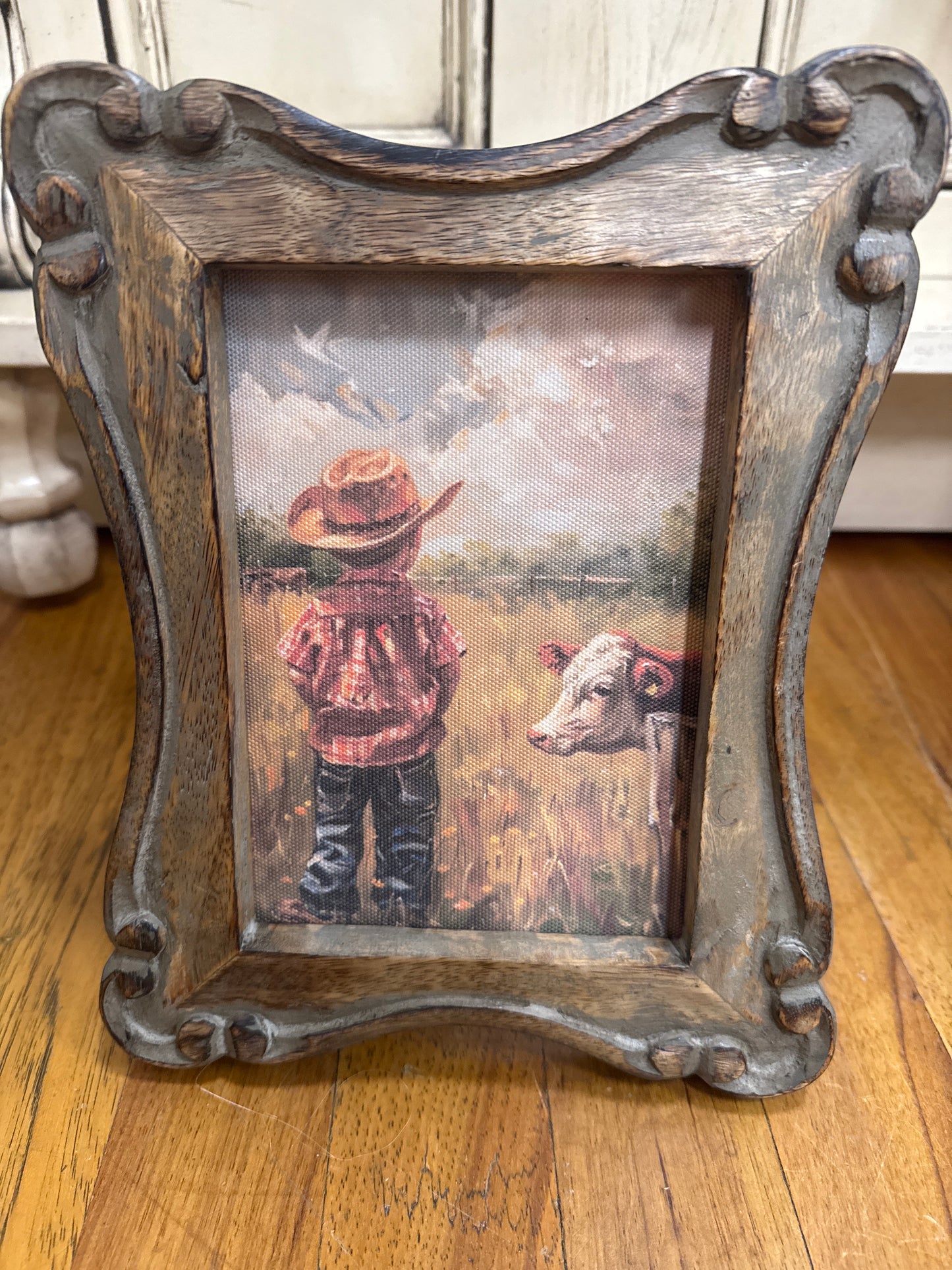 5X7 BROWN FRAMED  BOY & COW