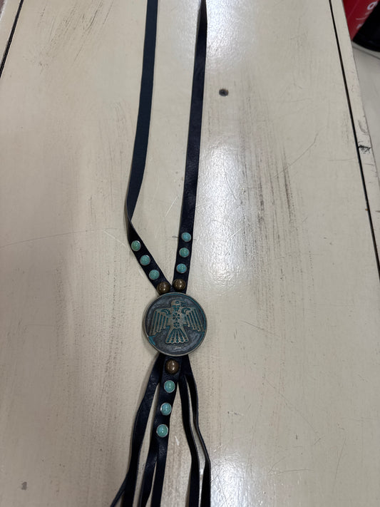 BLACK LEATHER NECKLACE W/ EAGLE TOKEN