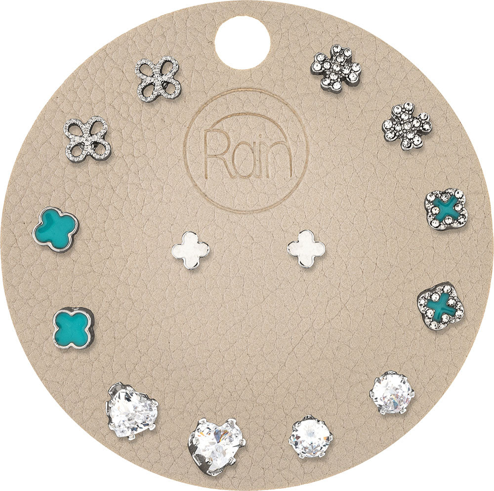 RAIN-BLUE & CRYSTAL CLOVER POST EARRING SET/7