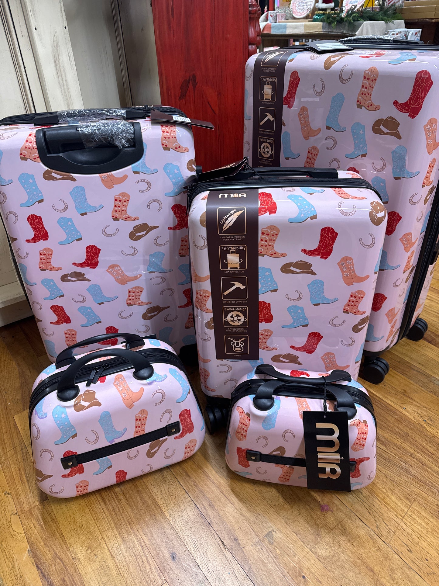 MIR- 5 PIECE LUGGAGE SET-PINK COWGIRL BOOTS