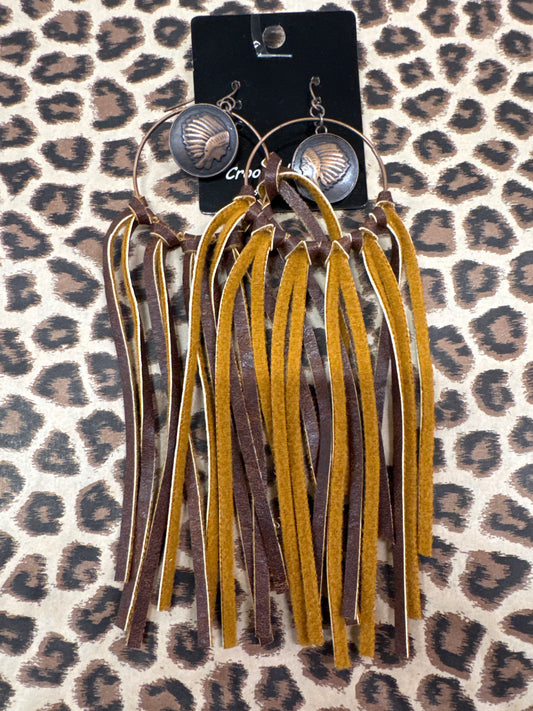 BRONZE/LEATHER INDIAN HEAD EARRINGS