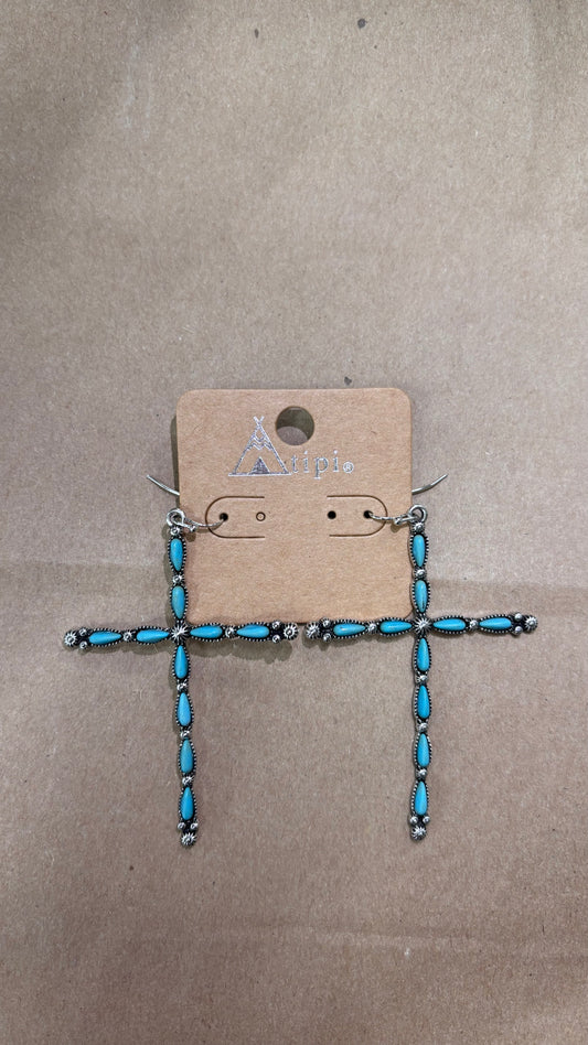 TIPI WESTERN CROSS TURQUOISE STONE DANGLING EARRINGS