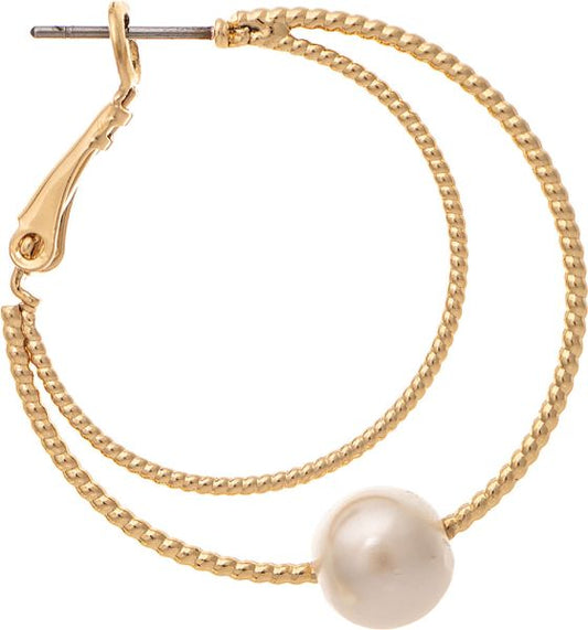 RAIN-TEXTURE WIRE FAUX PEARL HOOP-GOLD