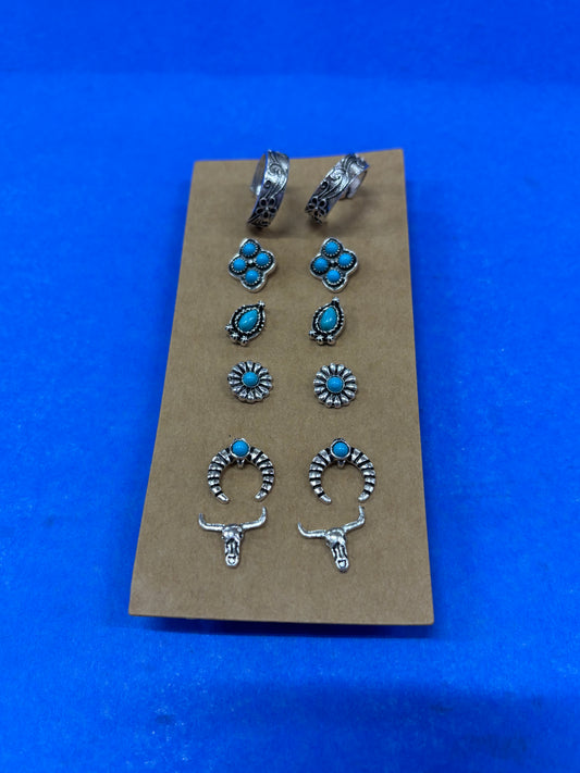 TIPI SET OF 6 SILVER/TURQUOISE SCROLL HOOP/COW HEAD